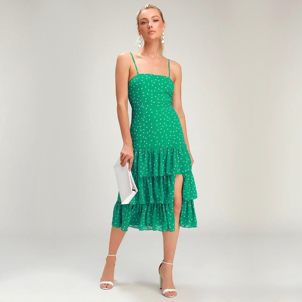 Lulu's Nellie Green Polka Dot Ruffled Midi Dress